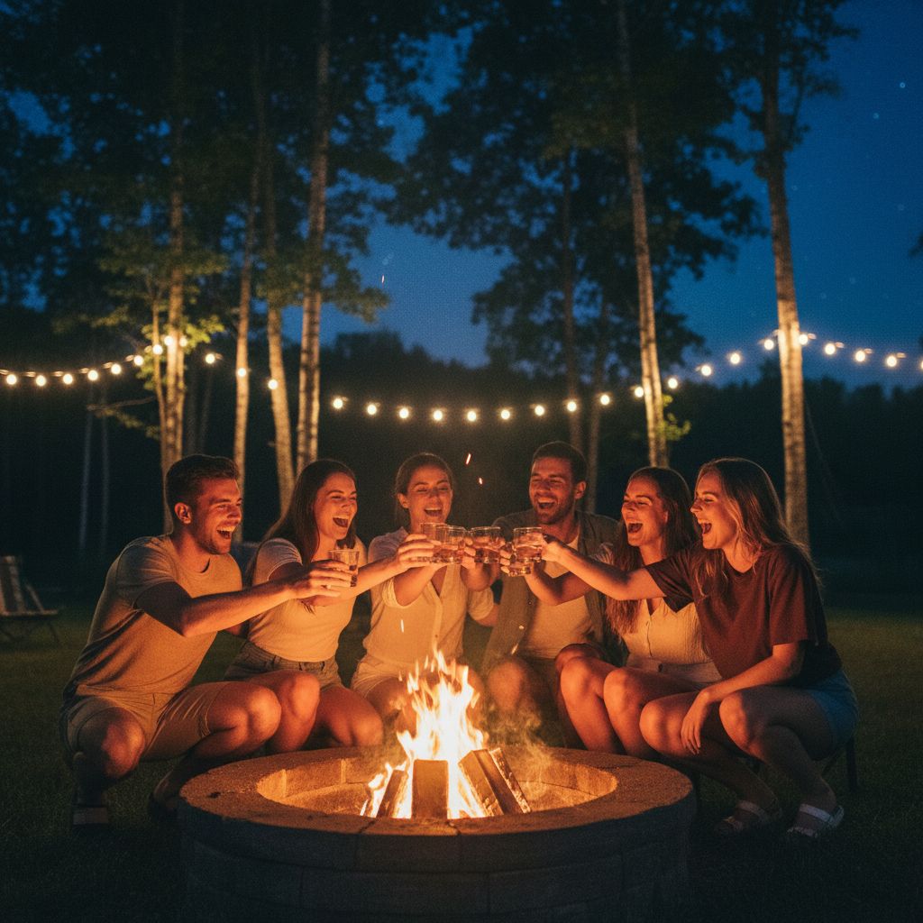 Freunde stoßen am Lagerfeuer mit Feuerholz an