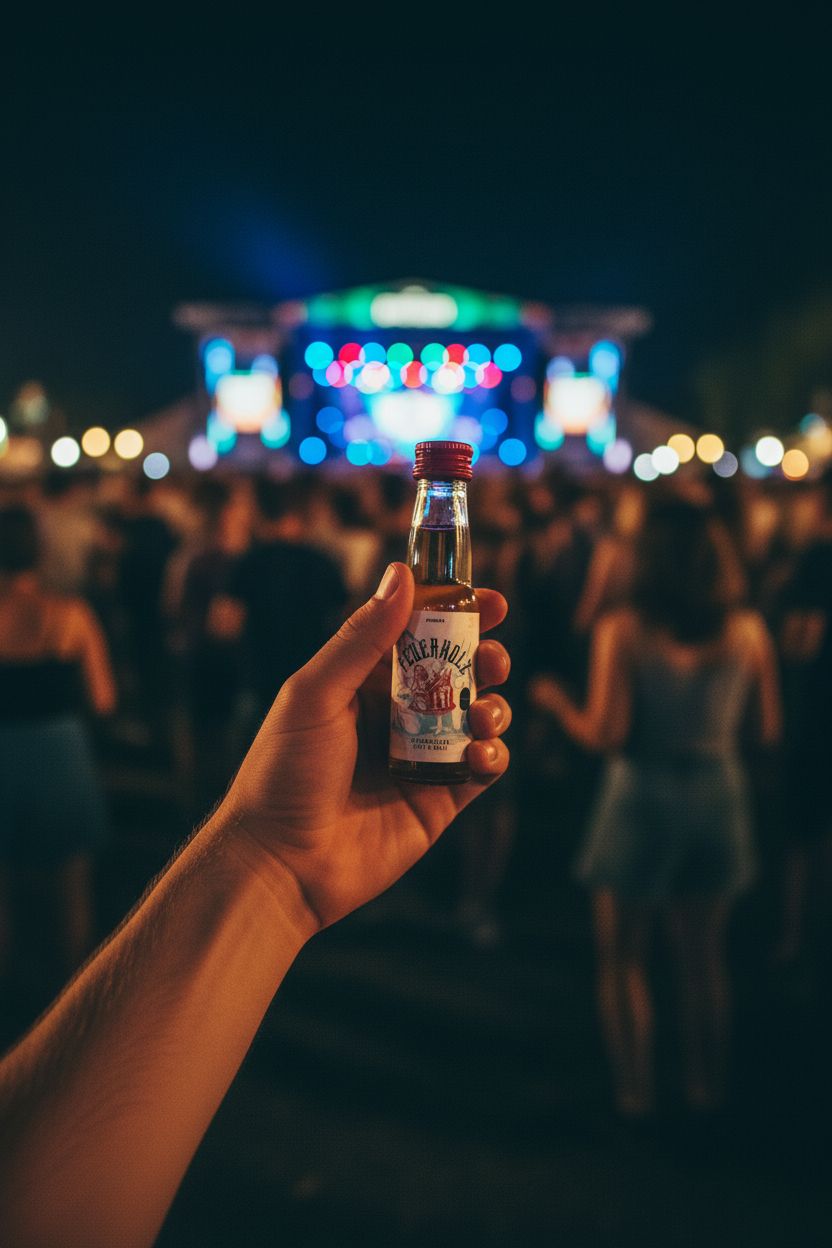 Feuerholz Mini in der Hand am Festival bei Nacht