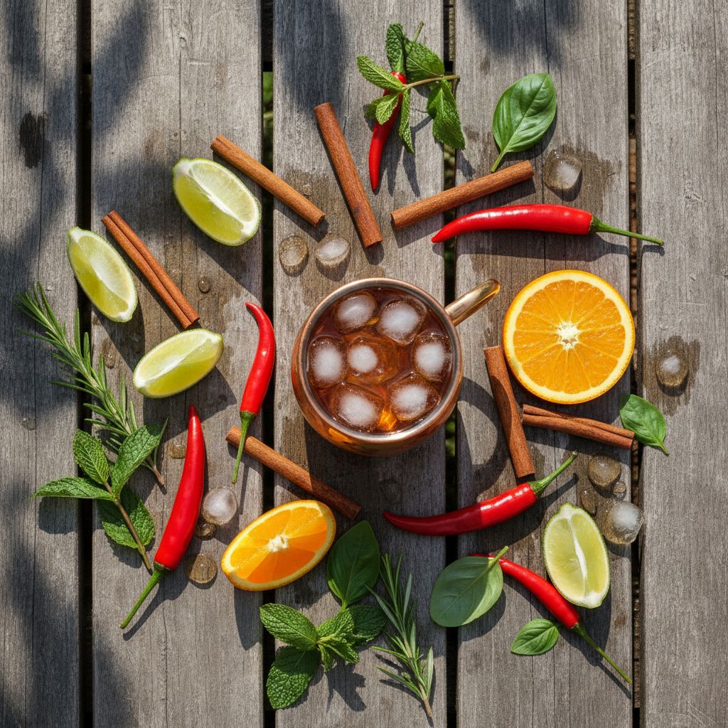 Feuerholz Flat Lay: Zimt, Chili, Limetten, Kupferbecher